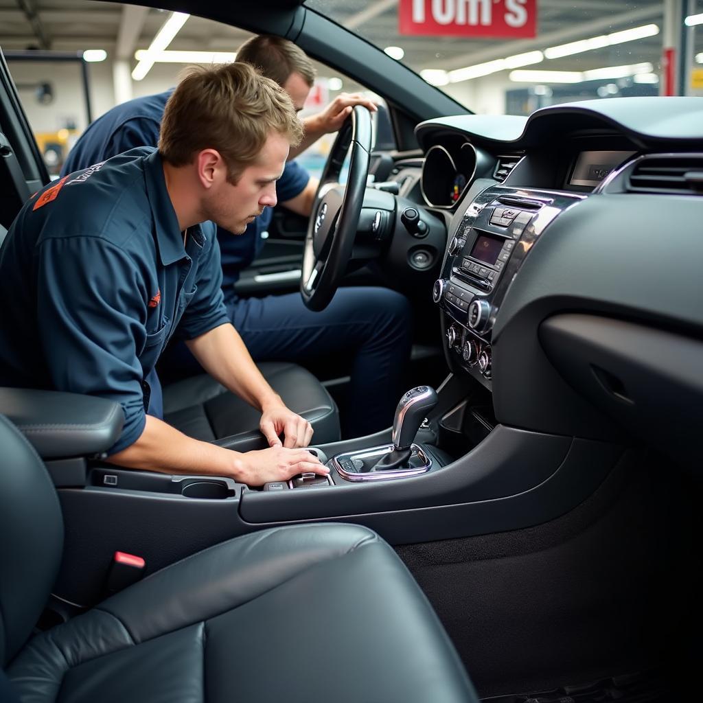 Expert technicians working on a car transmission