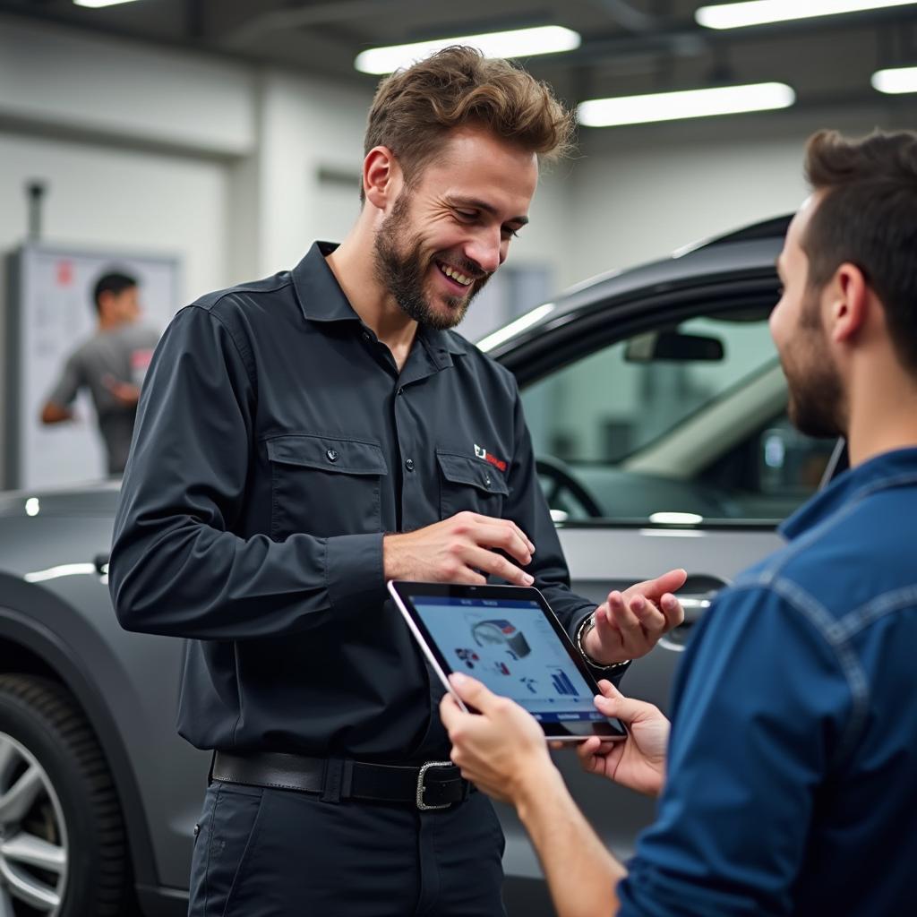 A mechanic explaining car issues to a customer