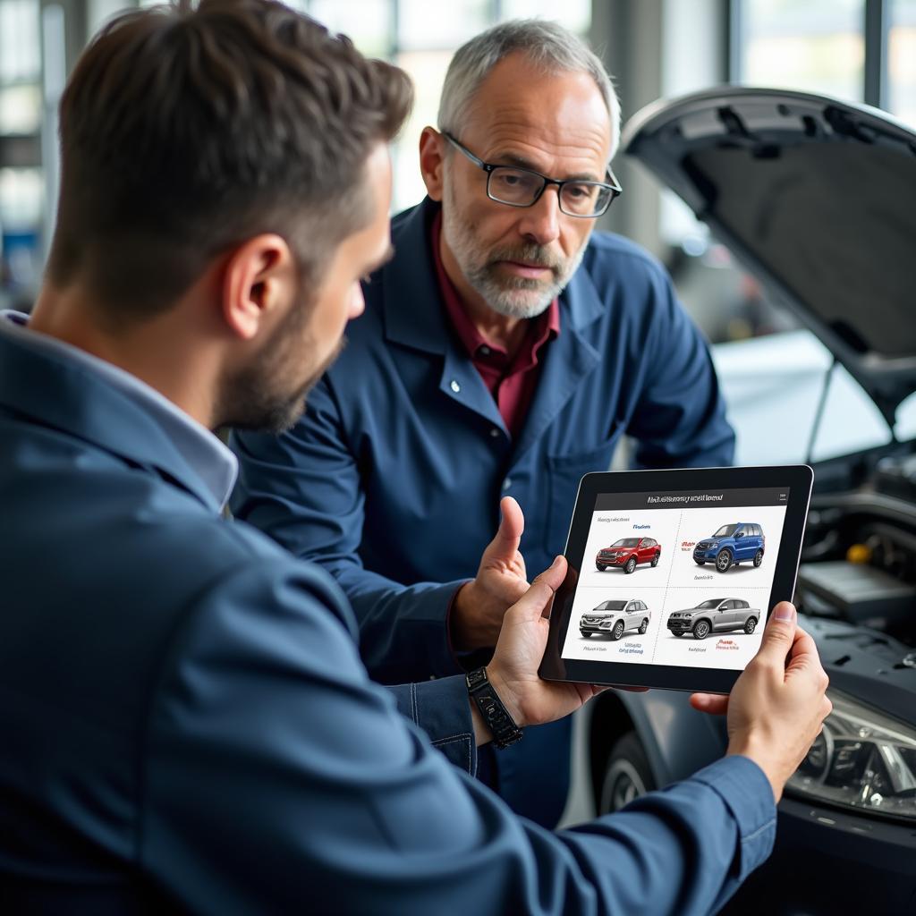 Auto Service Advisor Discussing Repair Options with a Car Owner