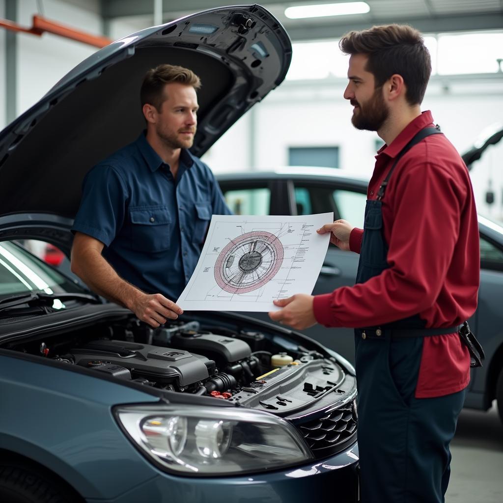 Mechanic explaining car repair to a customer