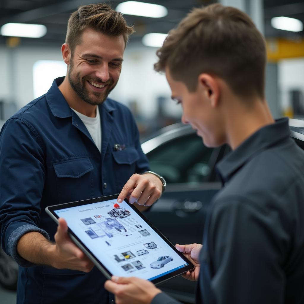 Technician explaining car repair to a customer