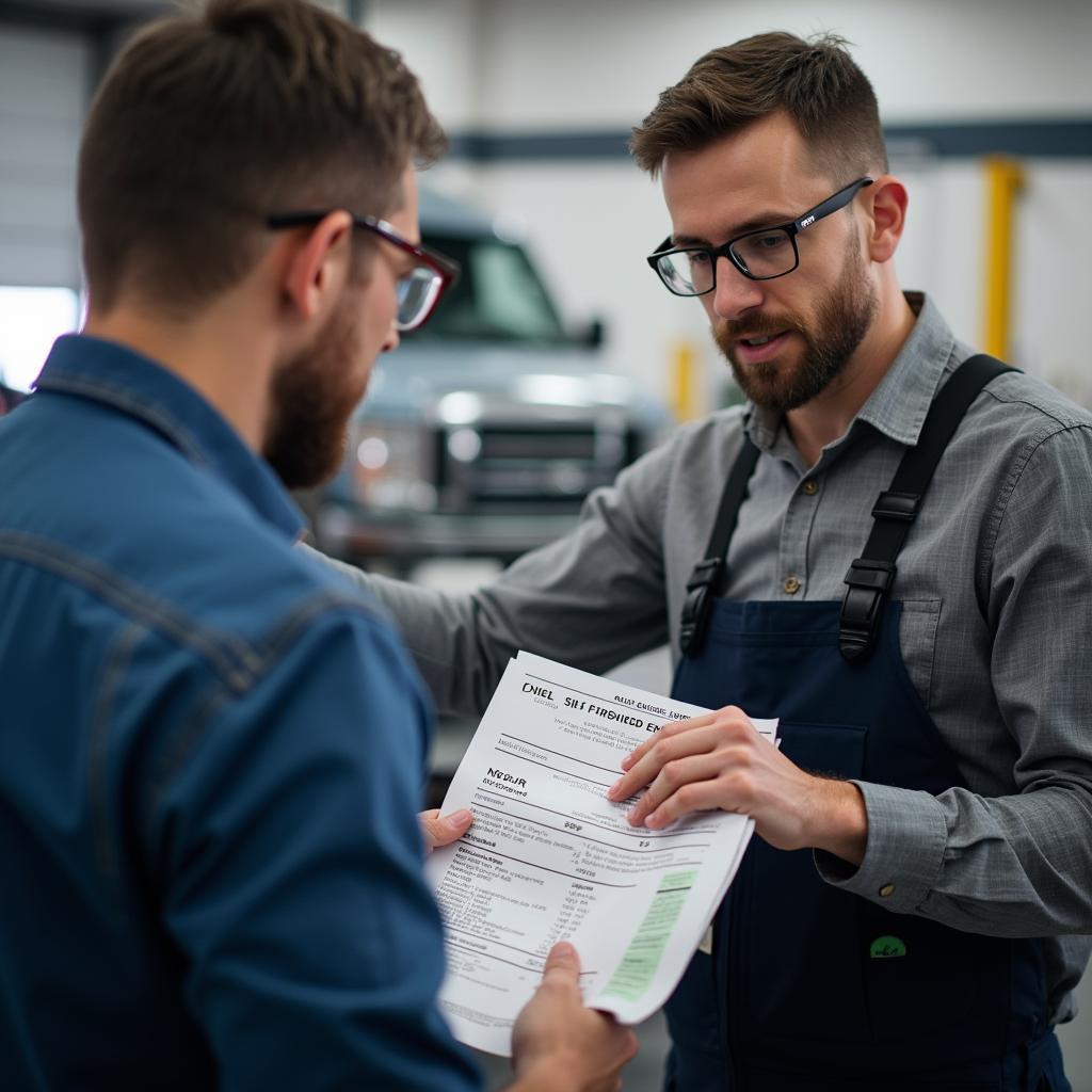  An auto service advisor explaining repair details to a customer using a tablet.