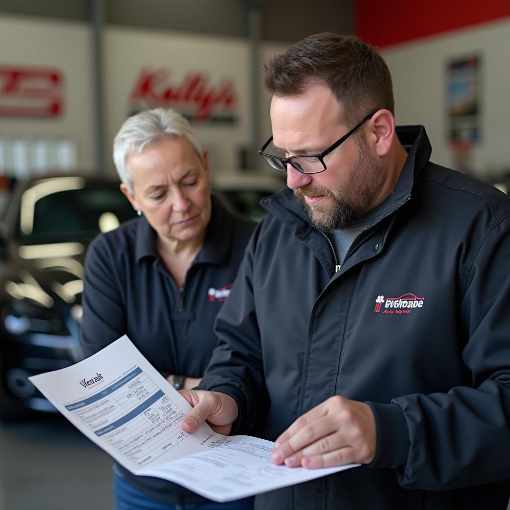 Service advisor discussing car repair with customer at Kelly's Auto Repair