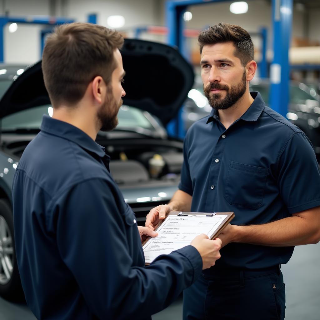 Customer talking to a mechanic about their car's repair