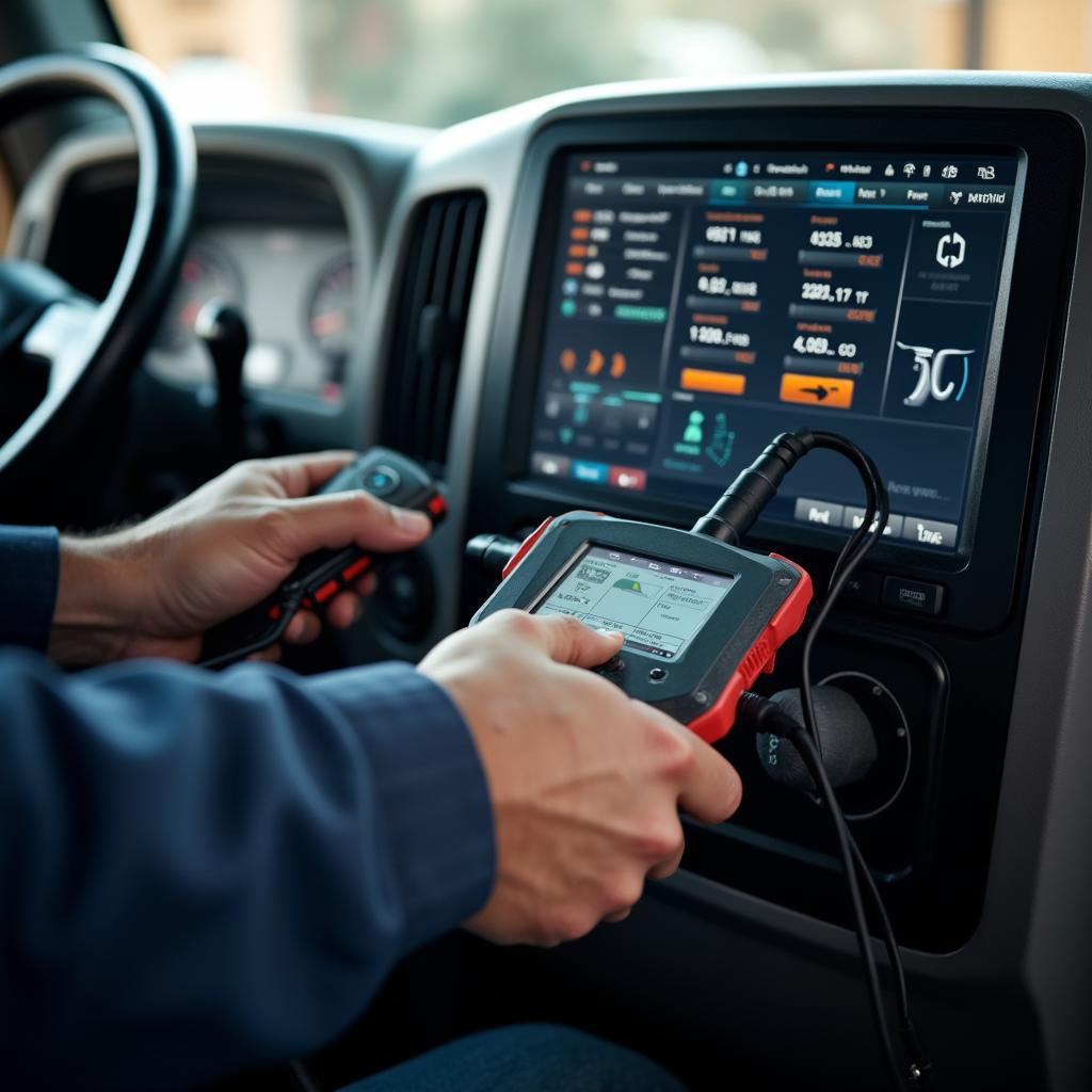 Truck Mechanic Using Diagnostic Equipment