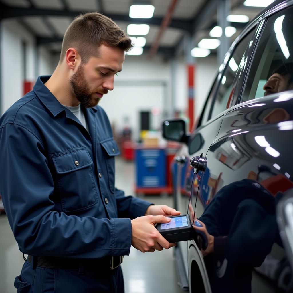 Mechanic inspecting a car in a Tualatin auto service shop