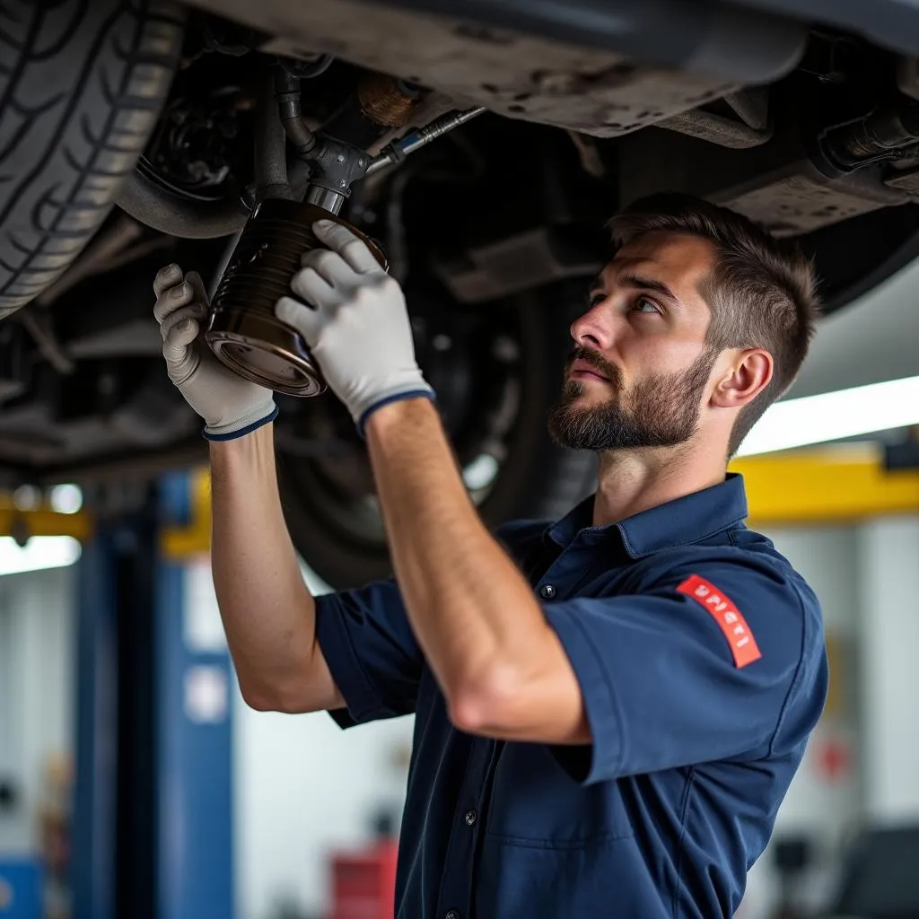 Car mechanic performing an oil change.