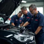 Experienced Tuma auto service technicians working on a car