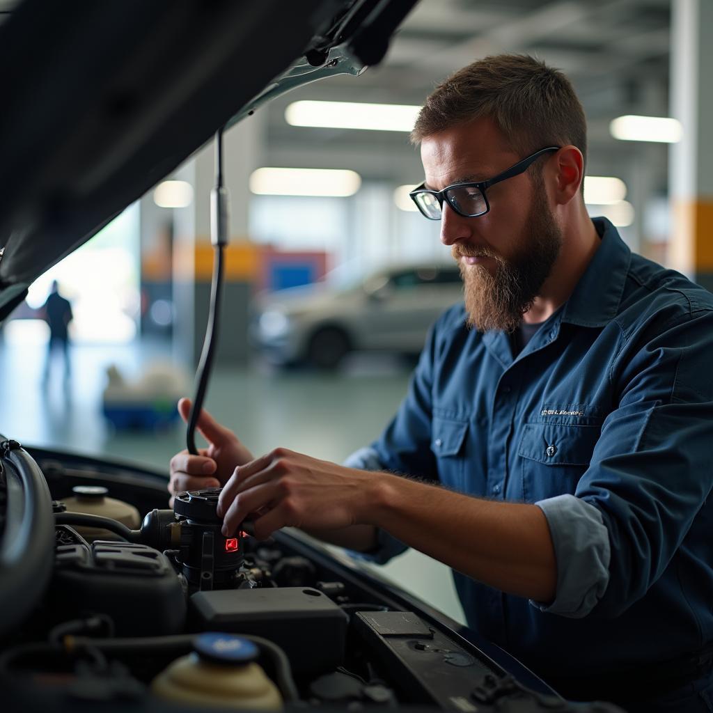 Mechanic Inspecting a Car's Engine at a Turnpike Auto Service Center