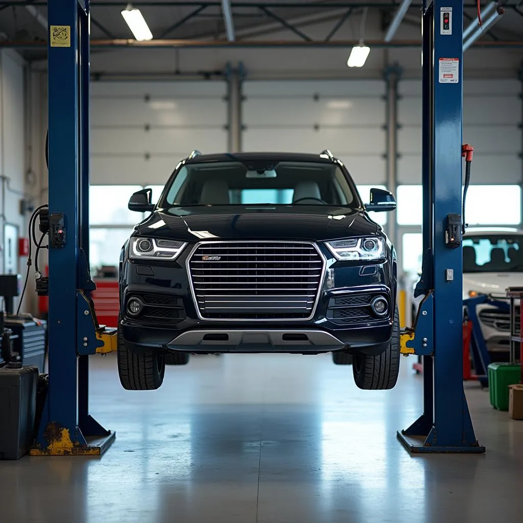 Two-post car lift in a service shop