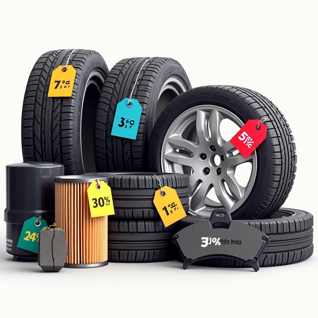 Various car parts with discount tags