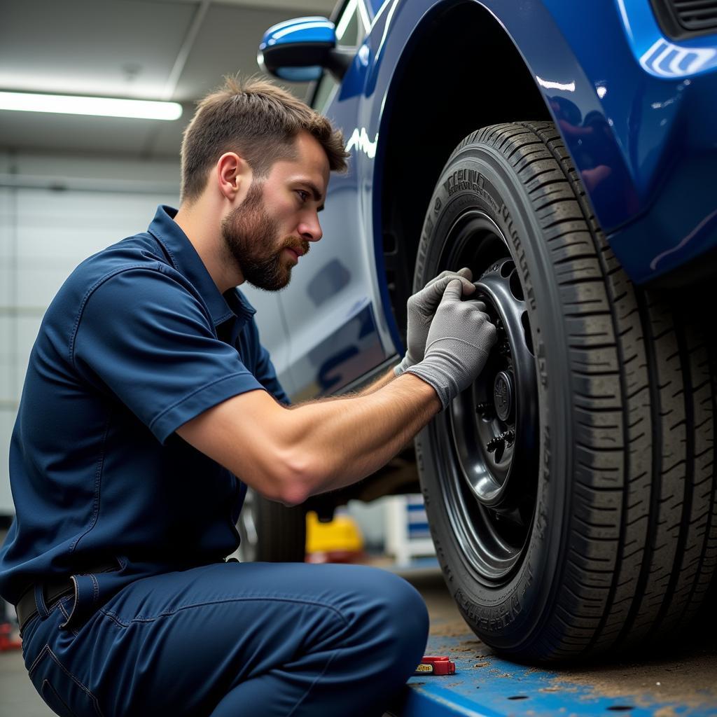 Mechanic repairing a tyre in a workshop