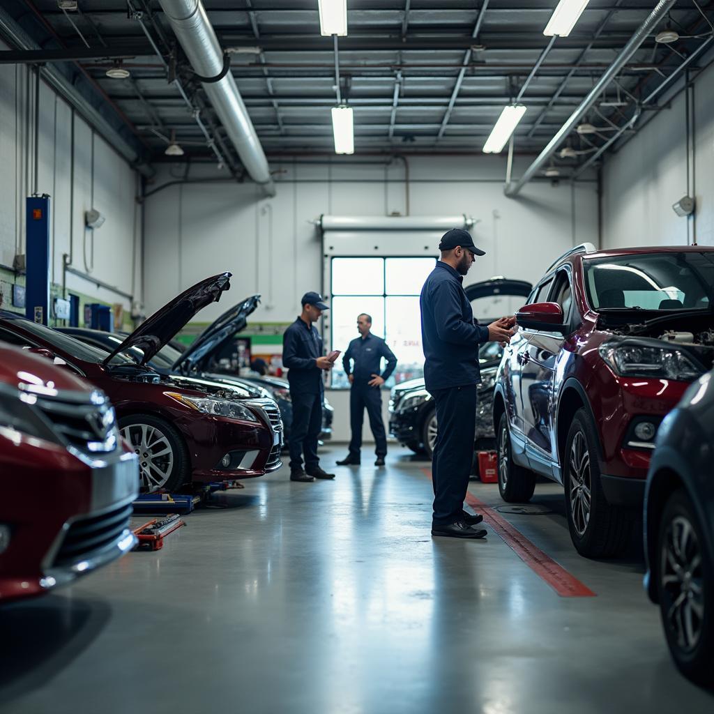 Mechanics working in a bustling auto repair shop