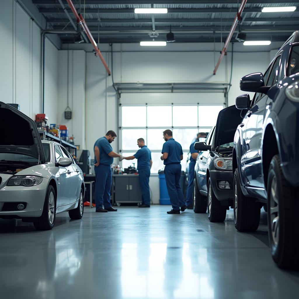 Modern auto repair garage with technicians working on various vehicles