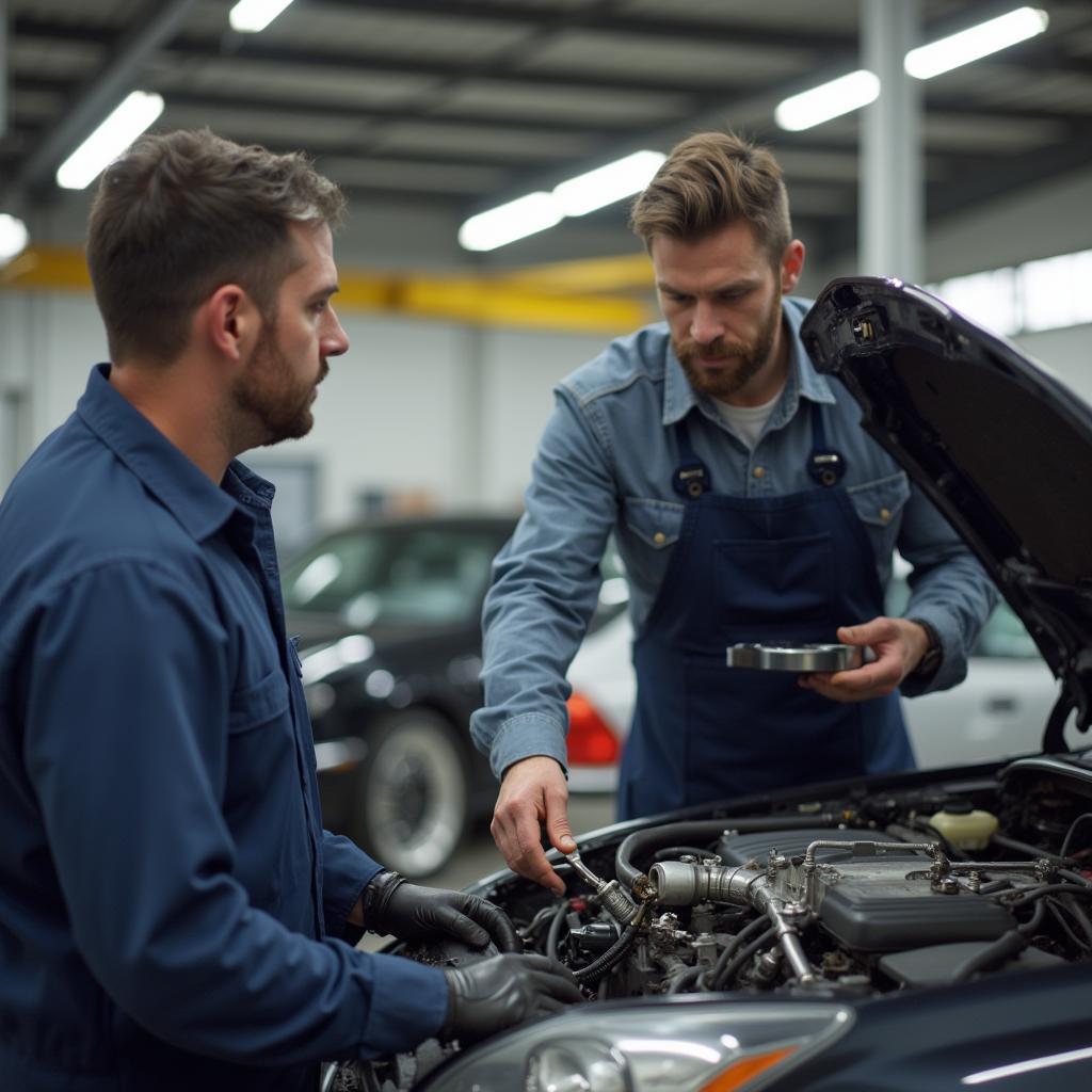 Mechanic showing a car engine to a confused customer