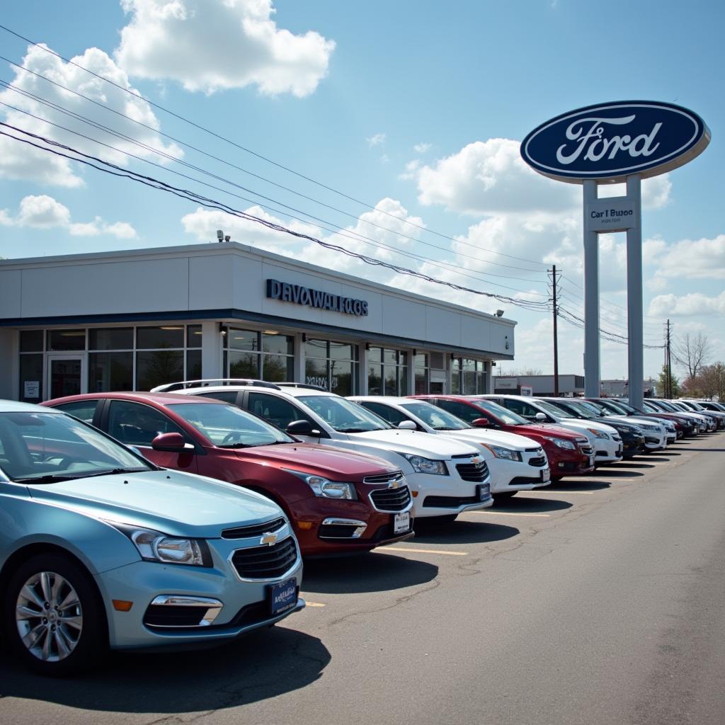 A wide shot of a used car dealership lot with a variety of vehicles on display