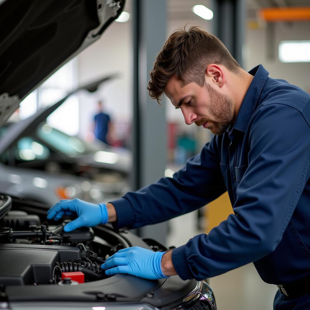 Mechanic inspecting a used car at J's Auto