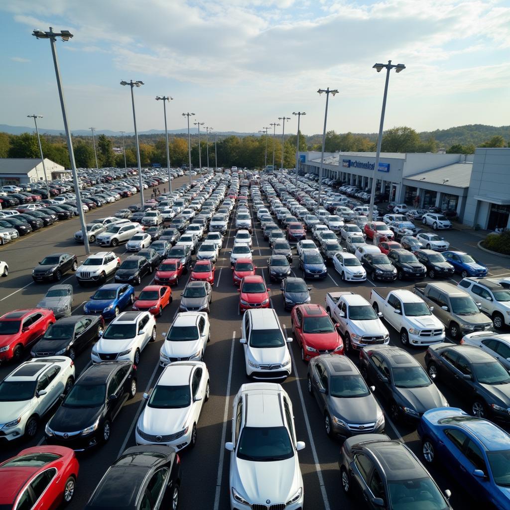 Aerial view of a used car dealership lot 