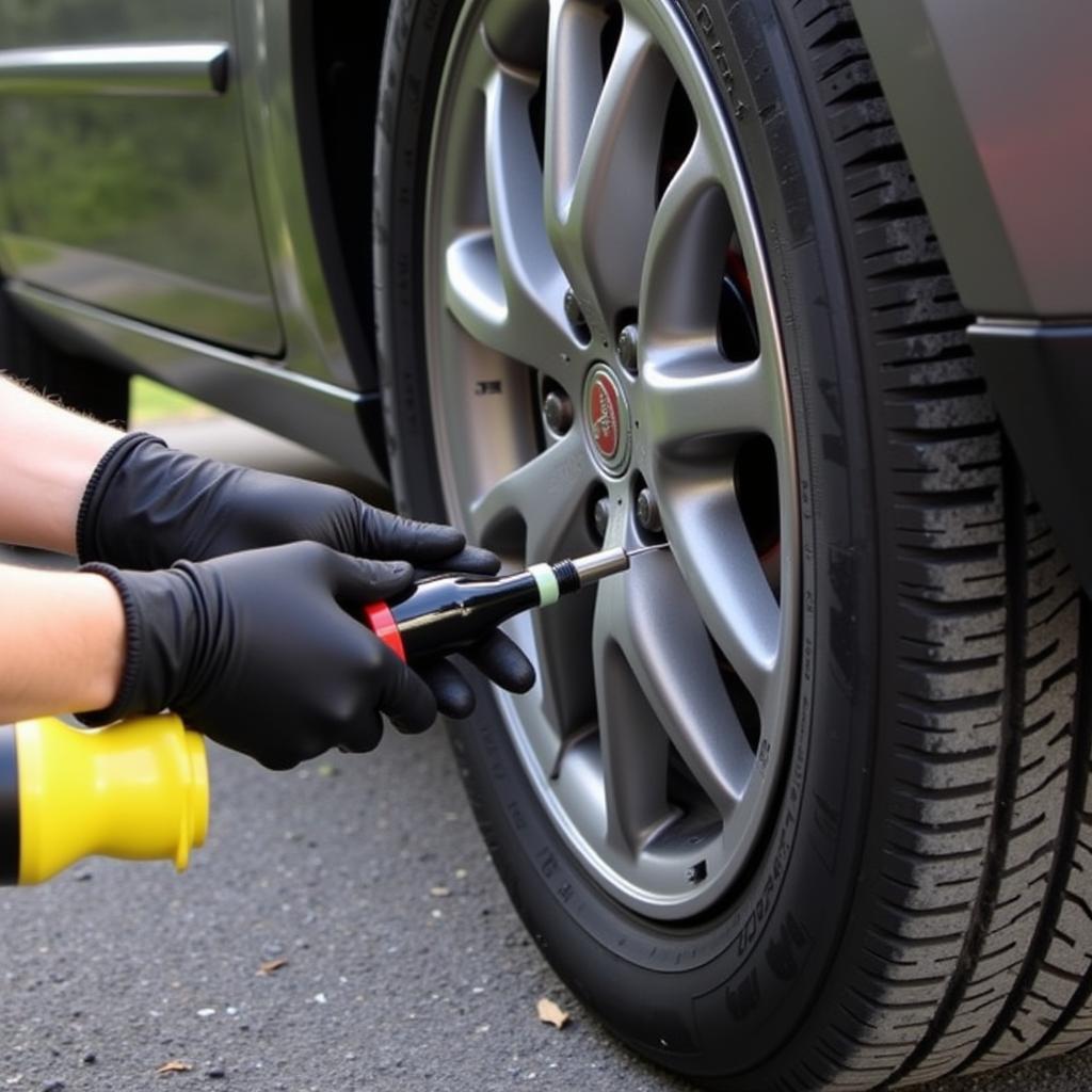 Using a puncture repair kit to fix a flat tire