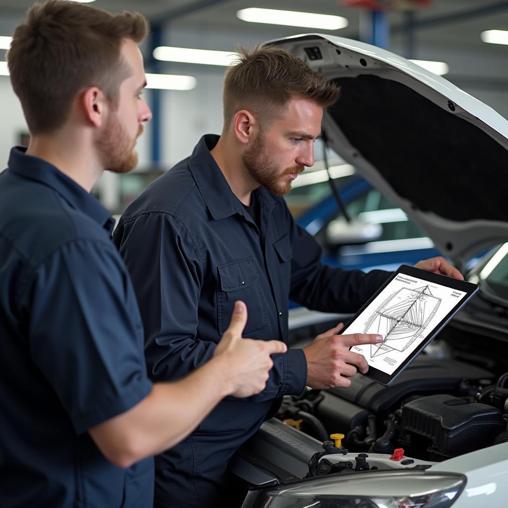 Customer discussing car repairs with mechanic