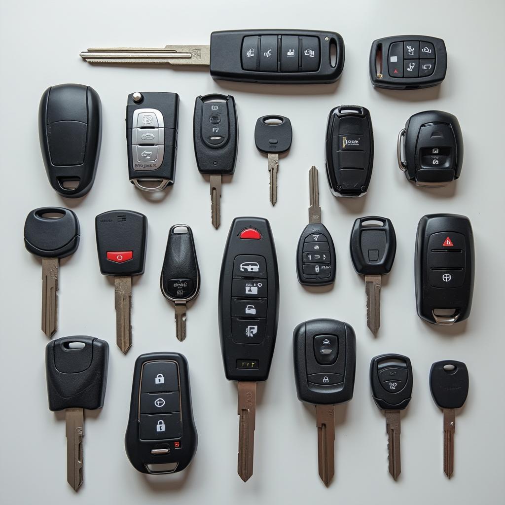 Different types of car keys and key fobs for various vehicle models