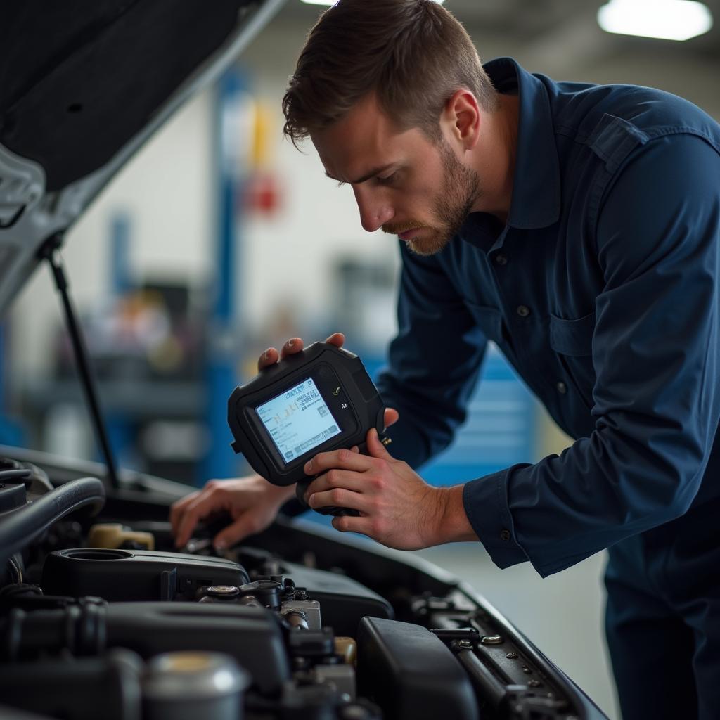 Certified mechanic using a diagnostic tool on a car in Victoria TX