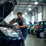 Mechanic working on a car in a Villa Park repair shop