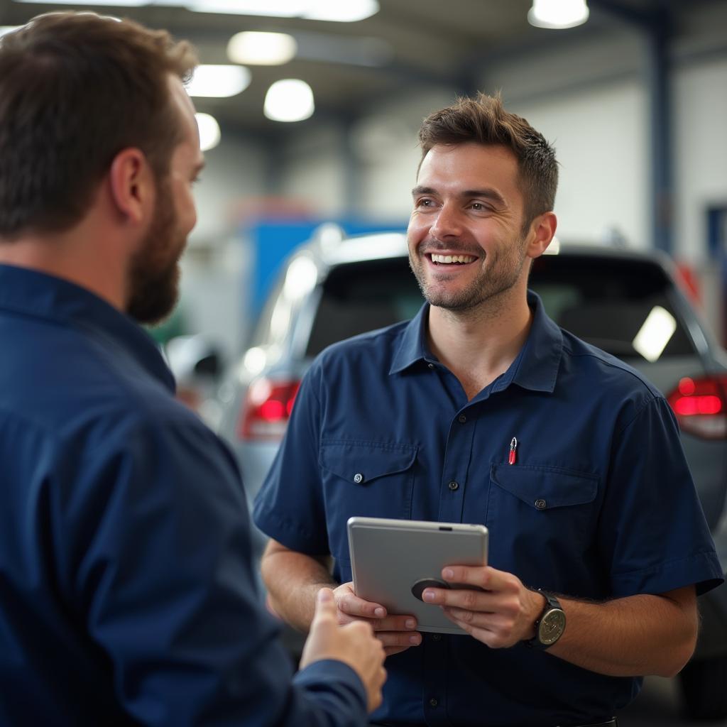 Mechanic in Villa Park consulting with a customer about their car repair