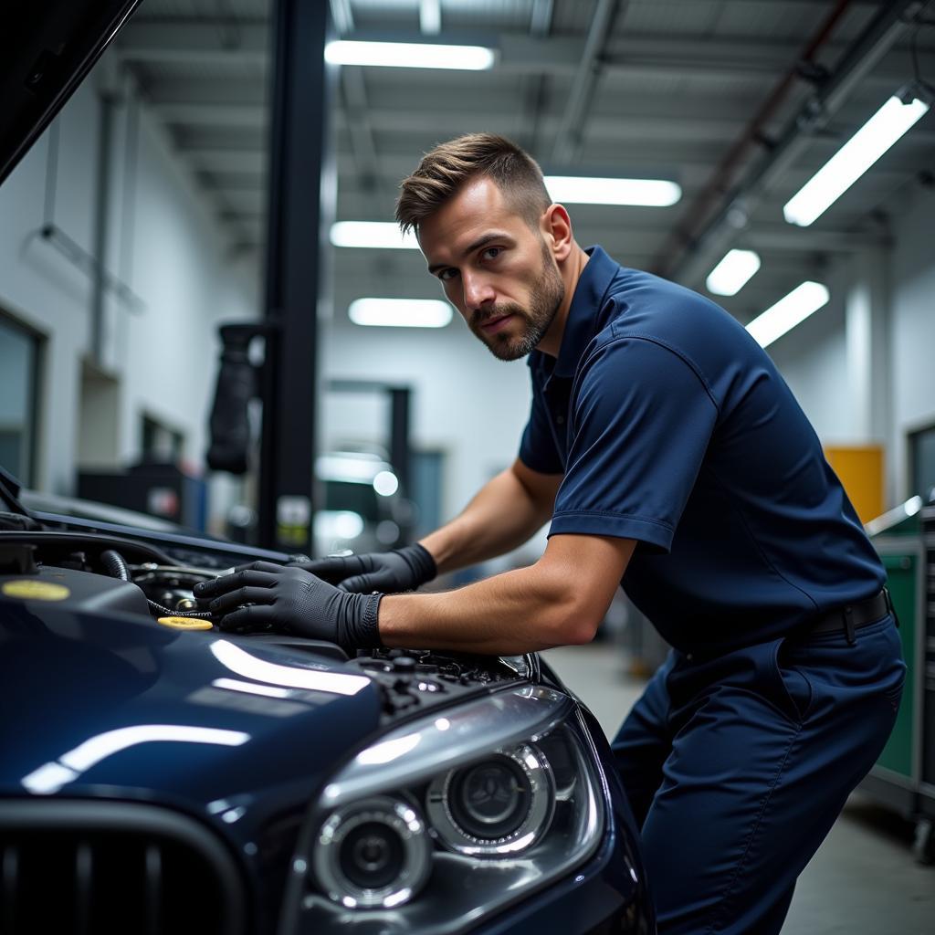 Skilled Technician Working on a Car in a VIP Auto Service Center