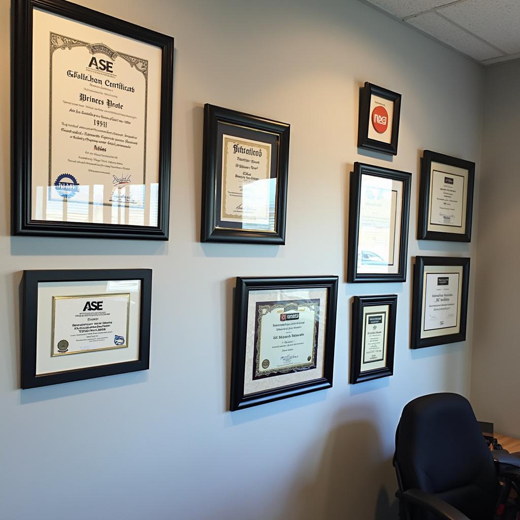 Wall display of certifications and awards in a Vista auto service center