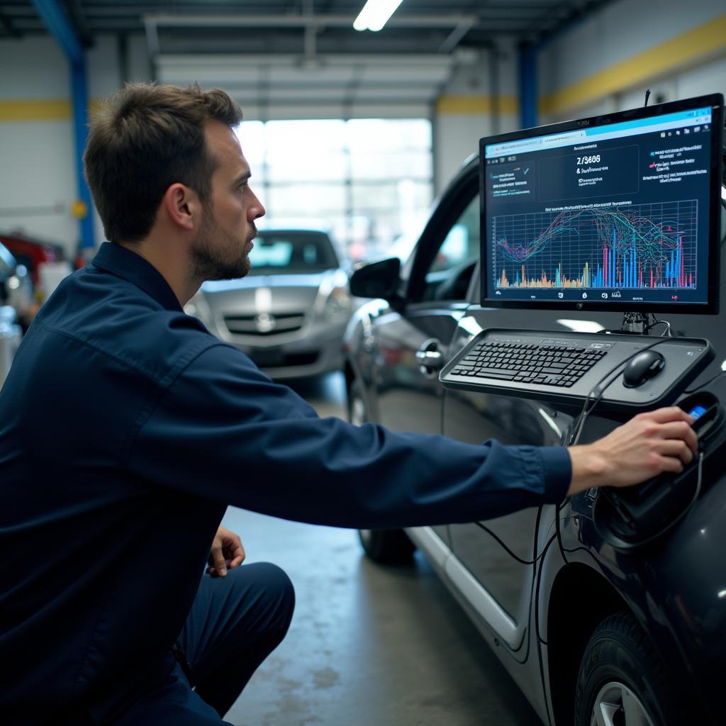 Car undergoing diagnostic testing in a Vista auto service center