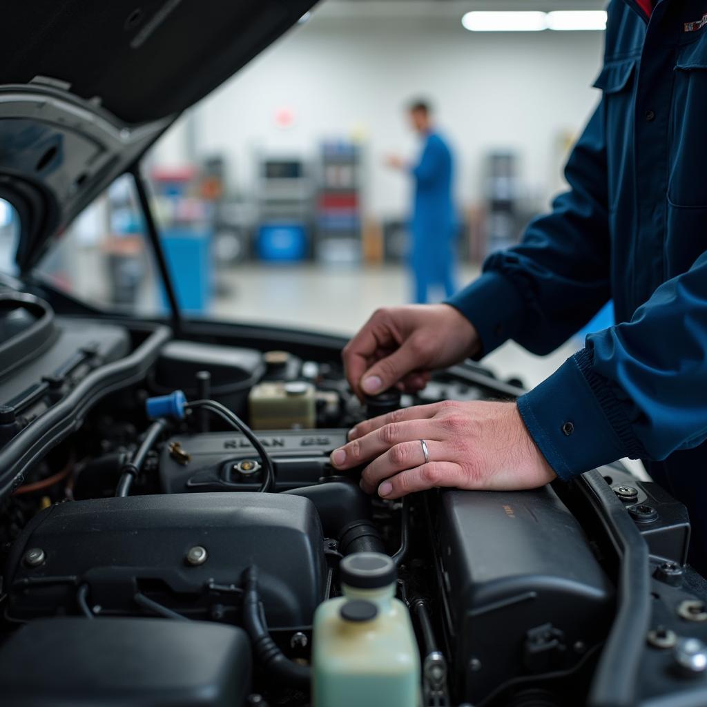 Experienced mechanic inspecting a car engine in a Vista auto service center