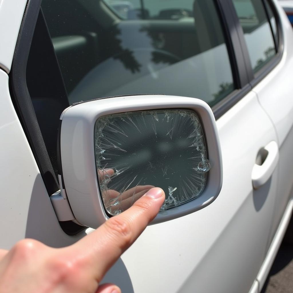 Inspecting a damaged Vista side mirror for cracks, broken housing, or loose connections