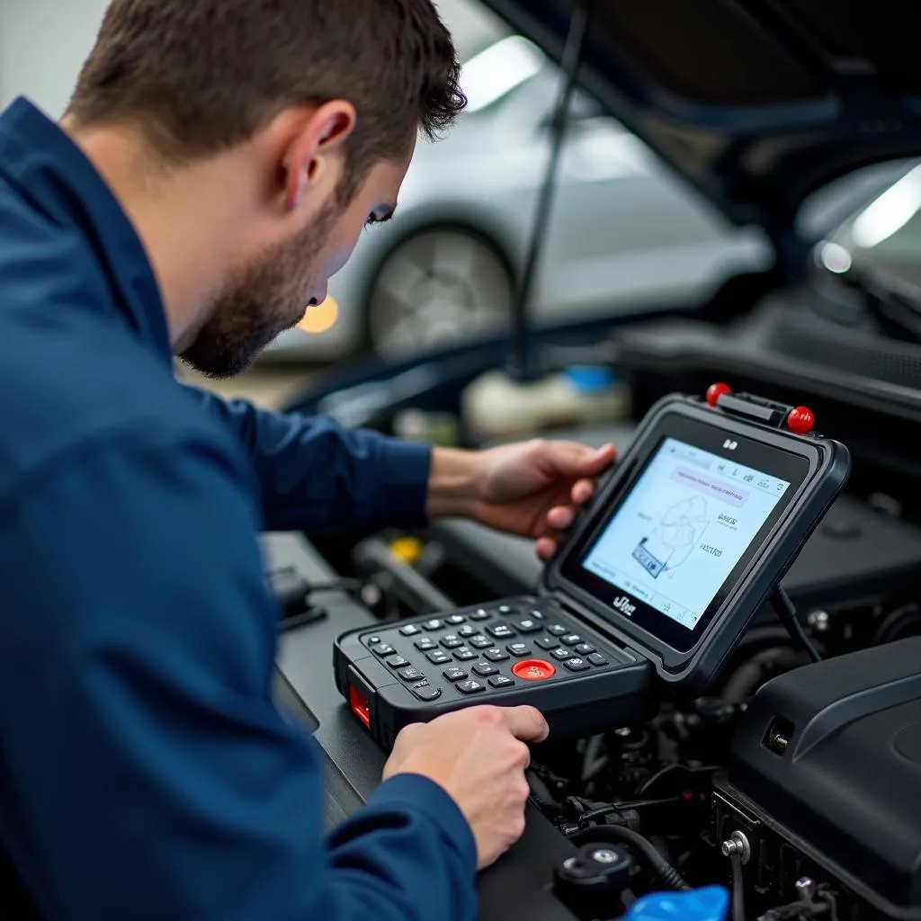 Volkswagen Mechanic Using Diagnostic Tool