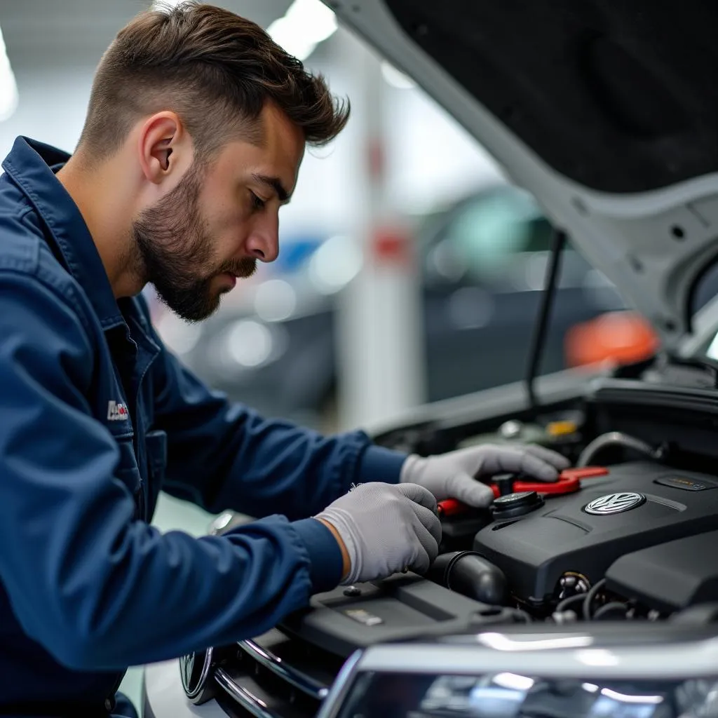 VW Mechanic Working on Engine