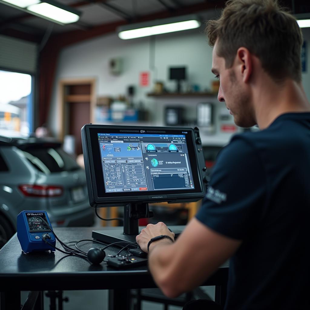 Modern car diagnostic equipment in use at an auto service center in Wahiawa