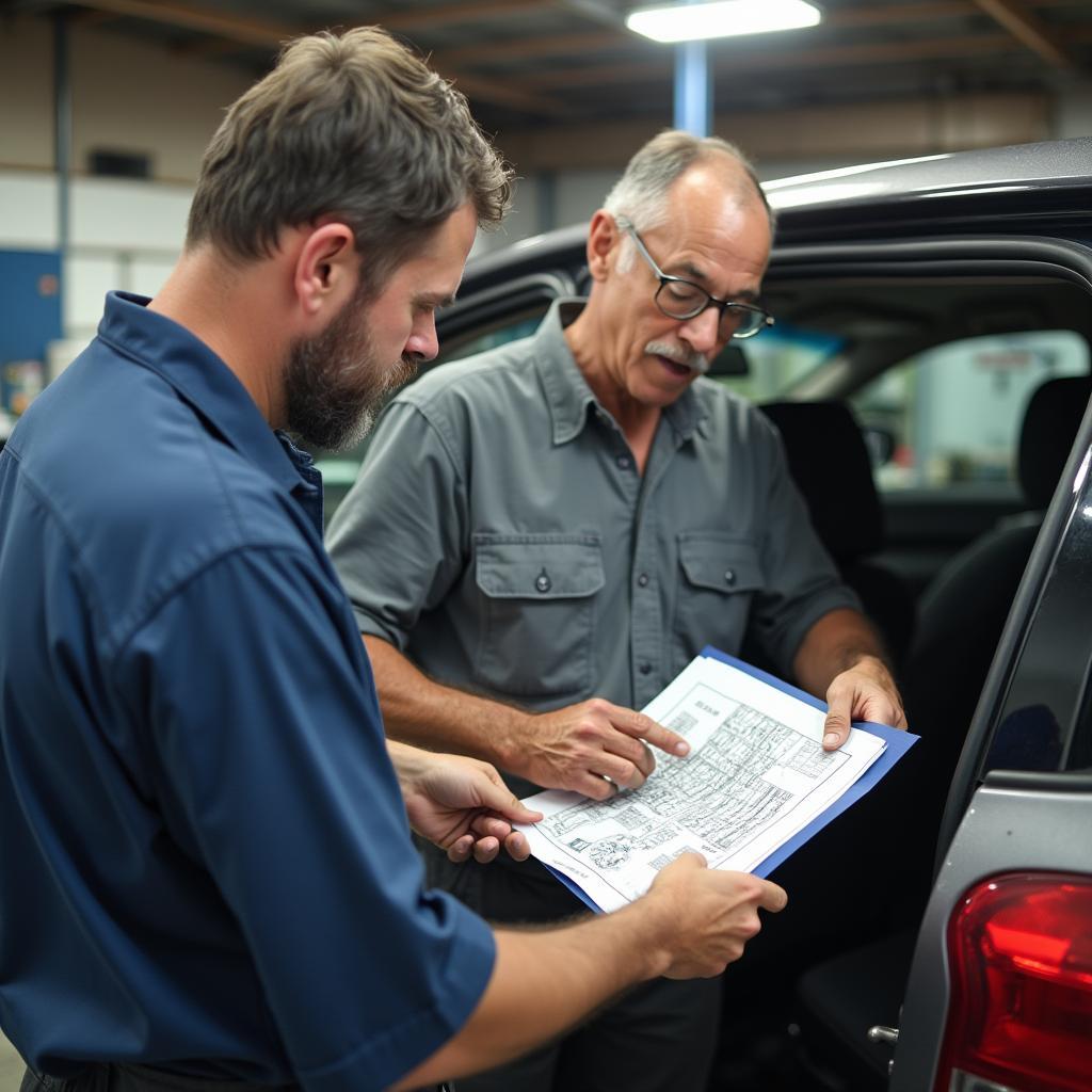 Auto mechanic explaining car repairs to a customer in Waipio