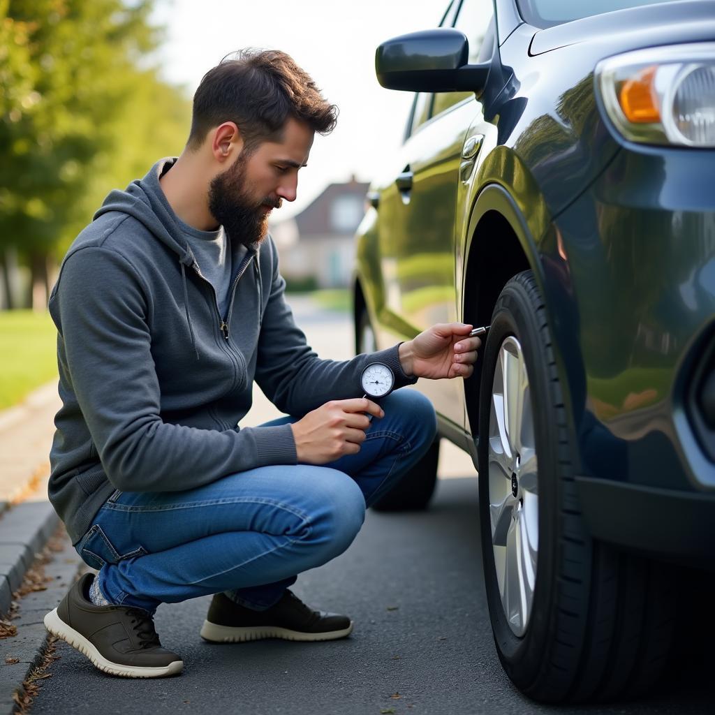 Car owner checking tire pressure in Warminster