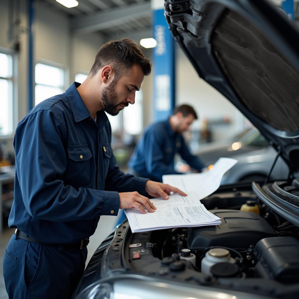 Mechanic reviewing car service records