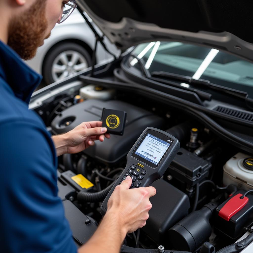 Skilled technician performing a car inspection using a diagnostic tool.