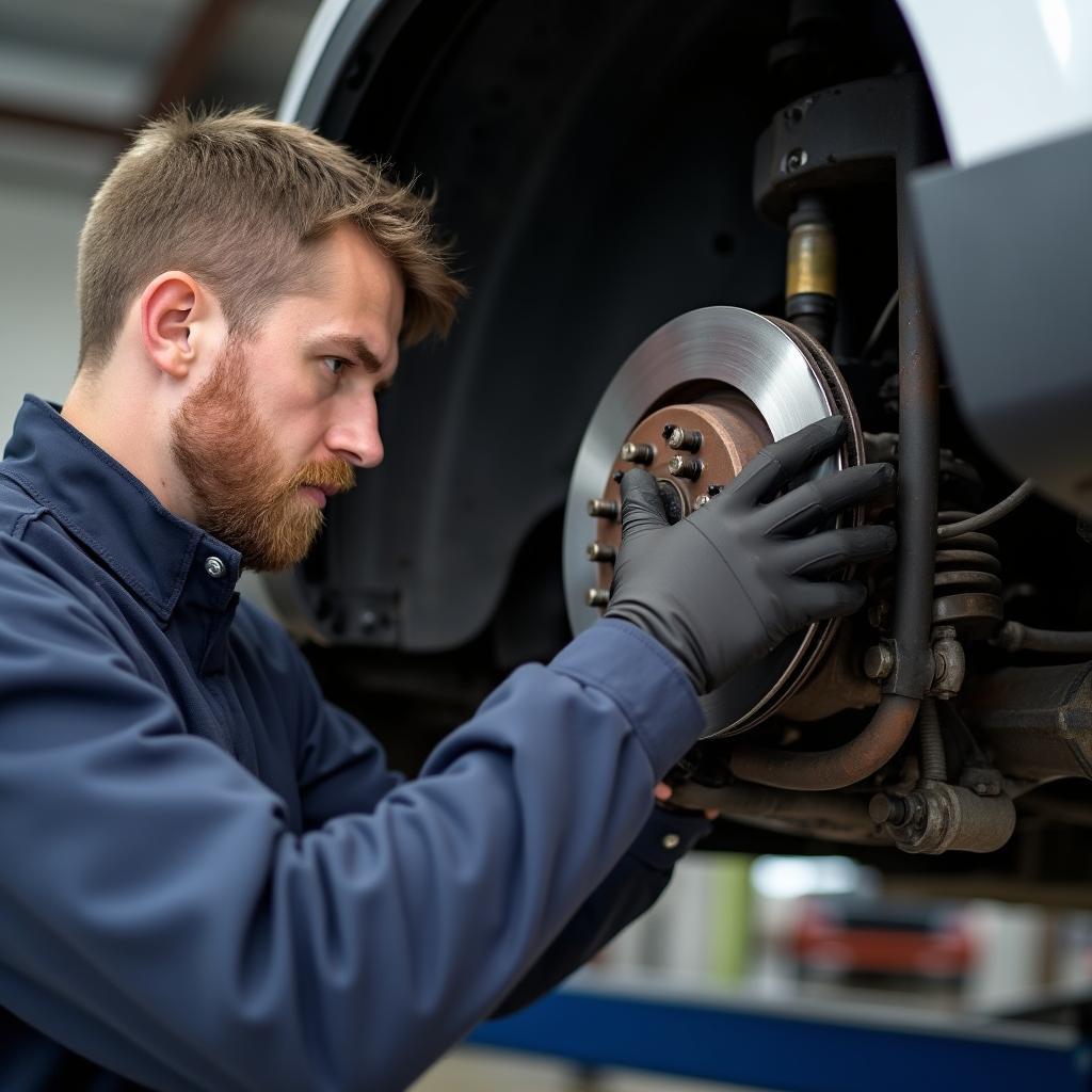 Mechanic Checking Brakes in Wauseon