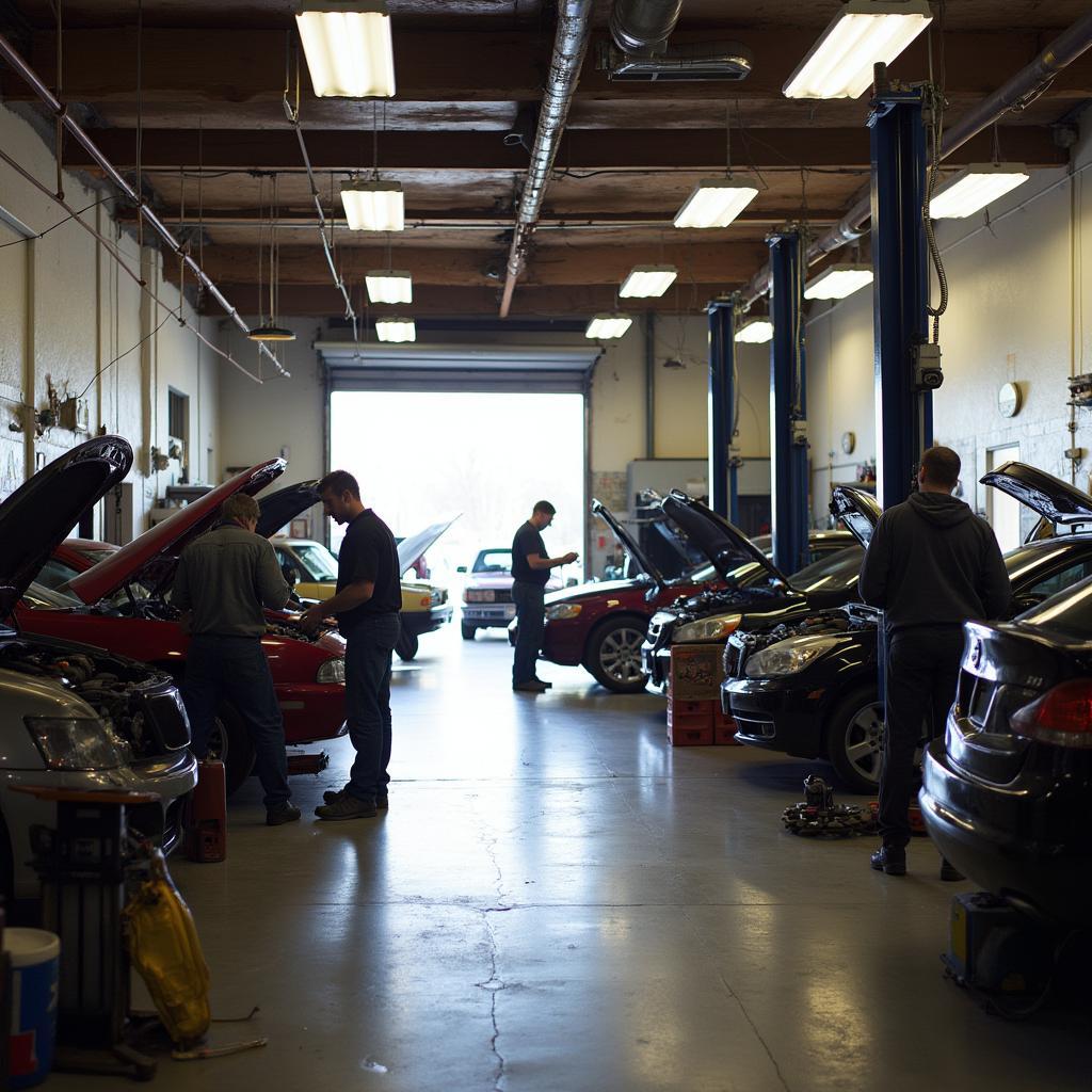 Mechanics working on a car in a Waynesboro auto shop