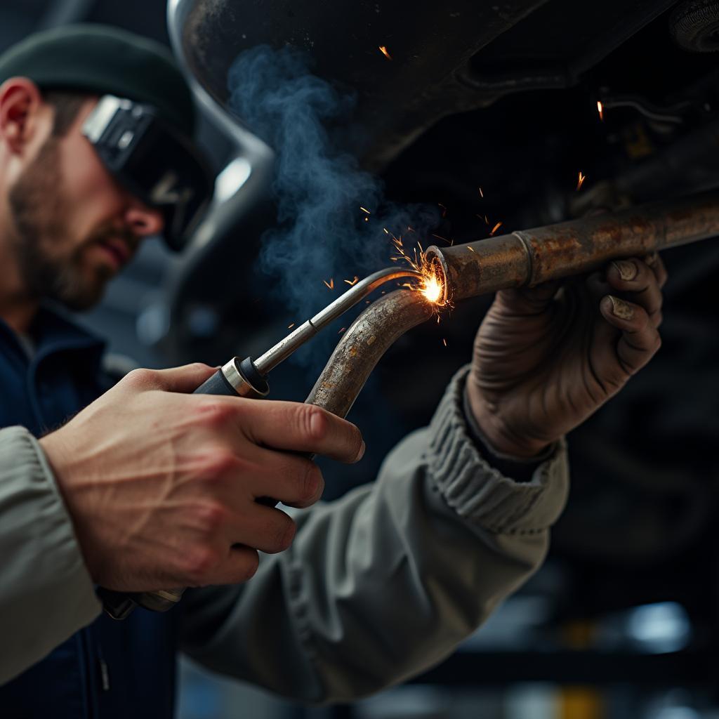 Close-up of a mechanic welding an exhaust pipe