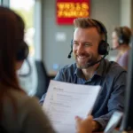 A customer service representative assisting a customer with their Wells Fargo Auto Loan.