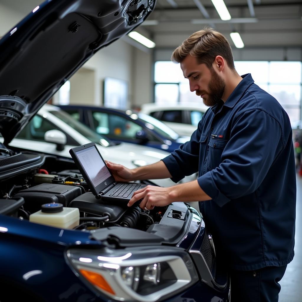 West Auto Service Technician Performing Diagnostics