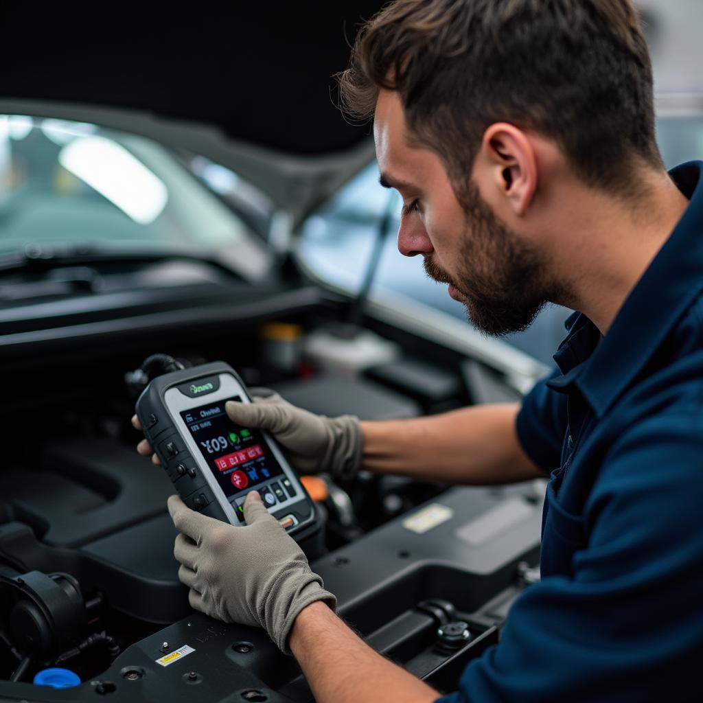 Mechanic in West Islip using a Diagnostic Tool