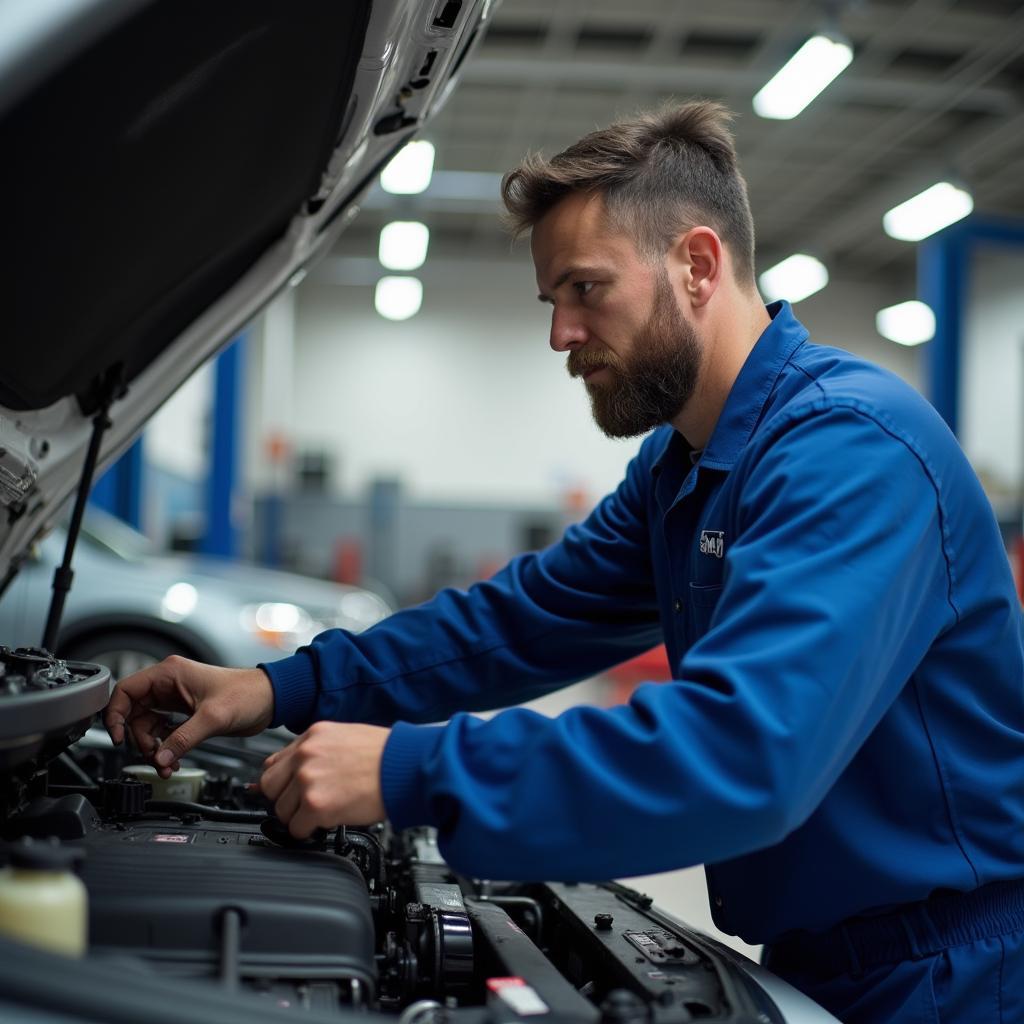 Mechanic inspecting a car in a West Monroe auto shop