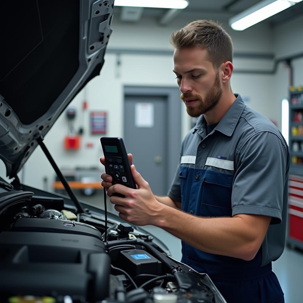 Mechanic inspecting a car in a West St. Paul auto repair shop