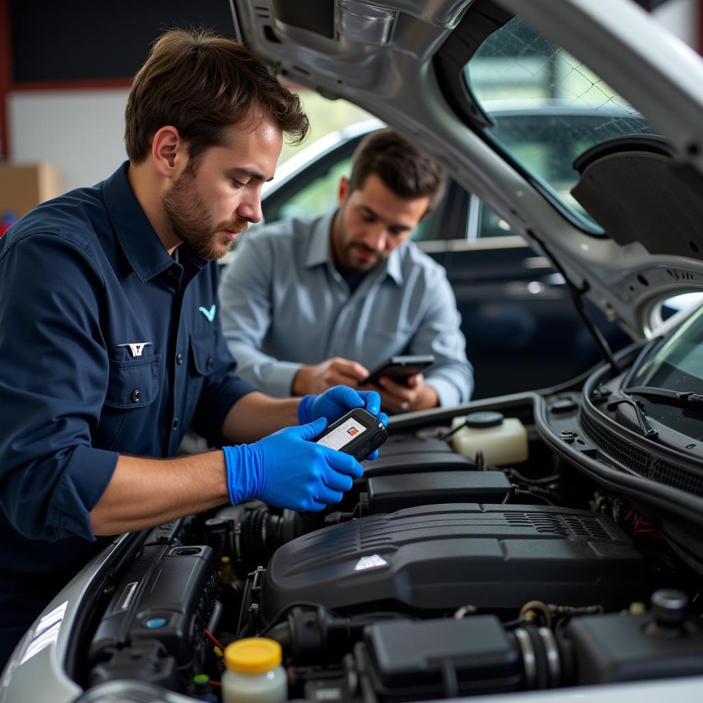 Experienced auto mechanic performing diagnostics on a car in Westborough