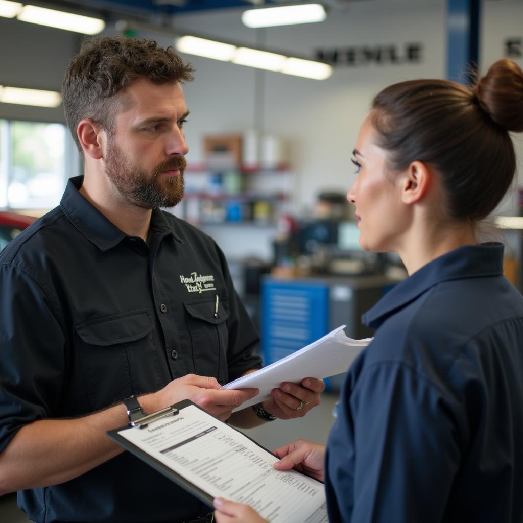 Friendly staff member discussing car repair with a customer